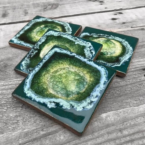 KB-716 Coasters Set of 4 Blue-Green 4x4 $45 at Hunter Wolff Gallery